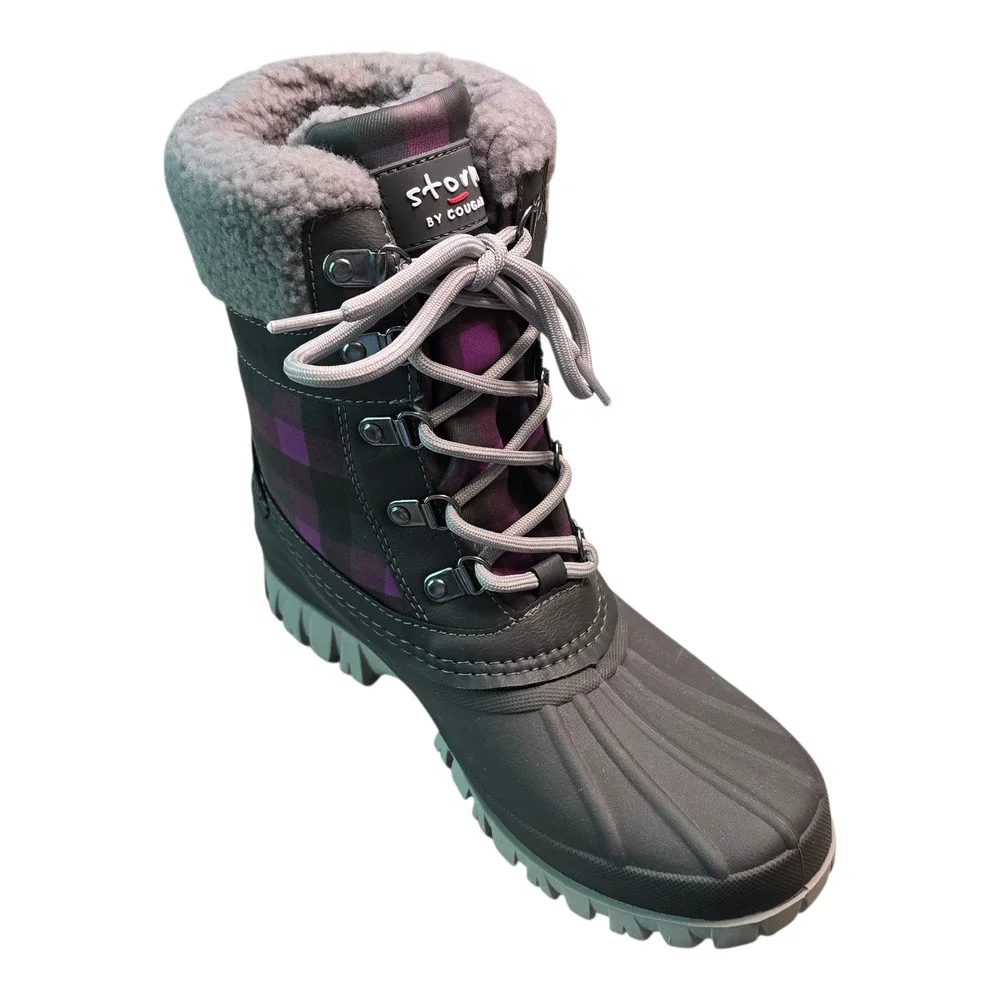 Storm by Cougar Carlisle Waterproof Winter Boots Womens 8 Charcoal Orchid Plaid